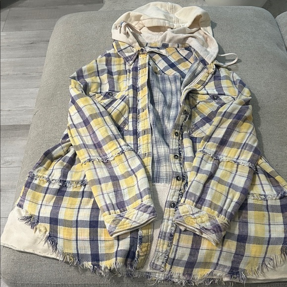 We The Free Yellow and Cream Plaid Hooded Shirt - Picture 3 of 5